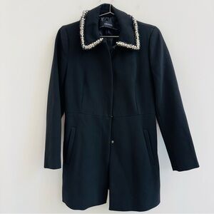 Zara Elegant Black Trench Coat with Beaded Collar